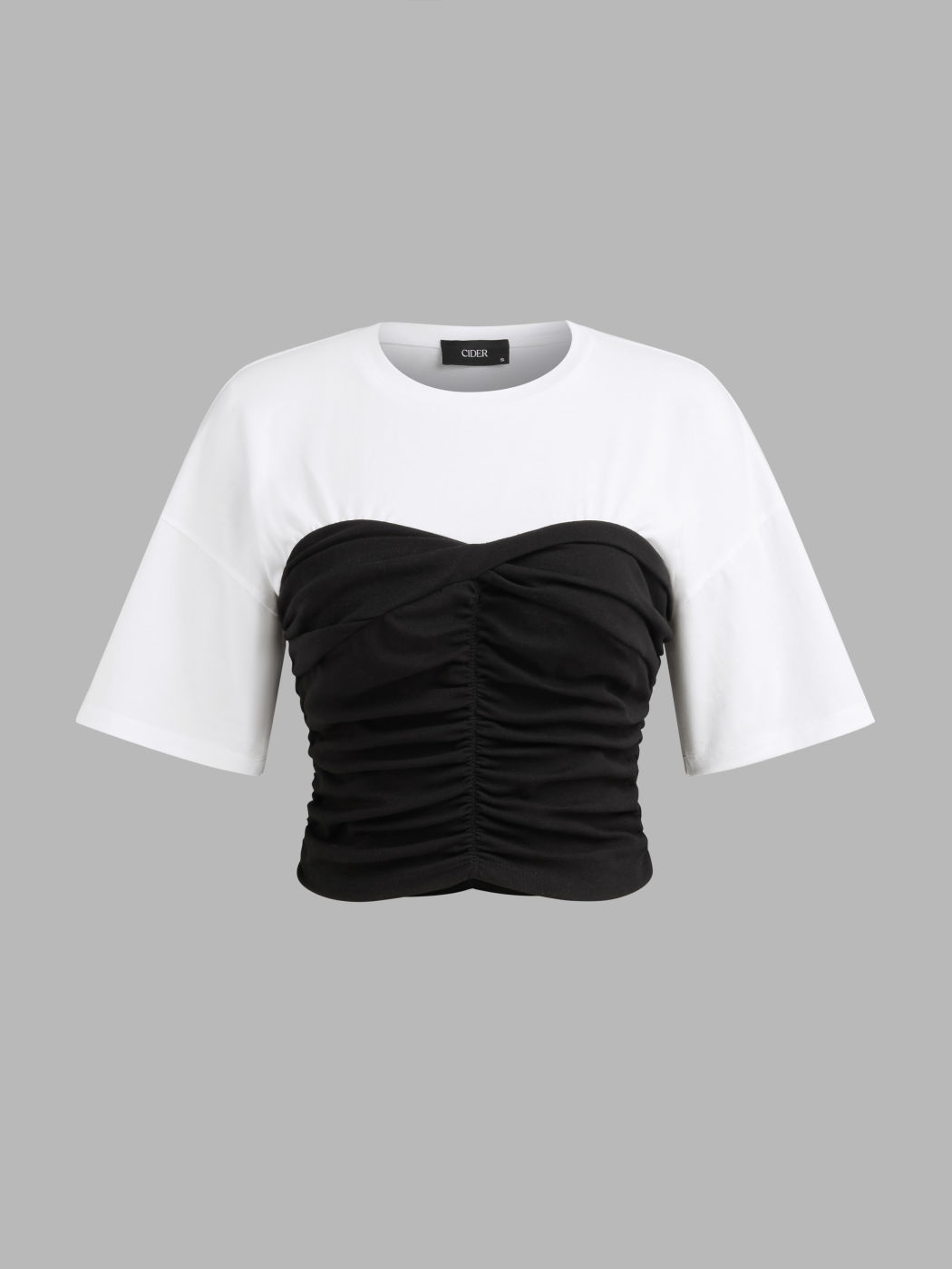 Round Neck Two Tone Ruched Crop Short Sleeve Top