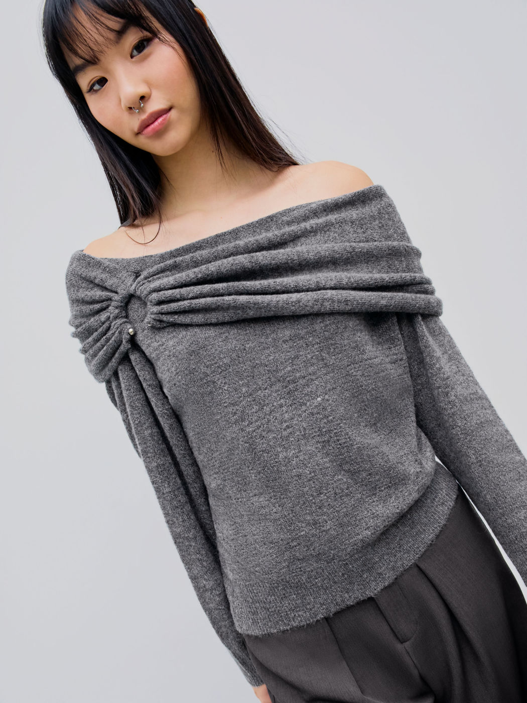 Knit Asymmetrical Off-shoulder Solid Long Sleeve Top - Cider