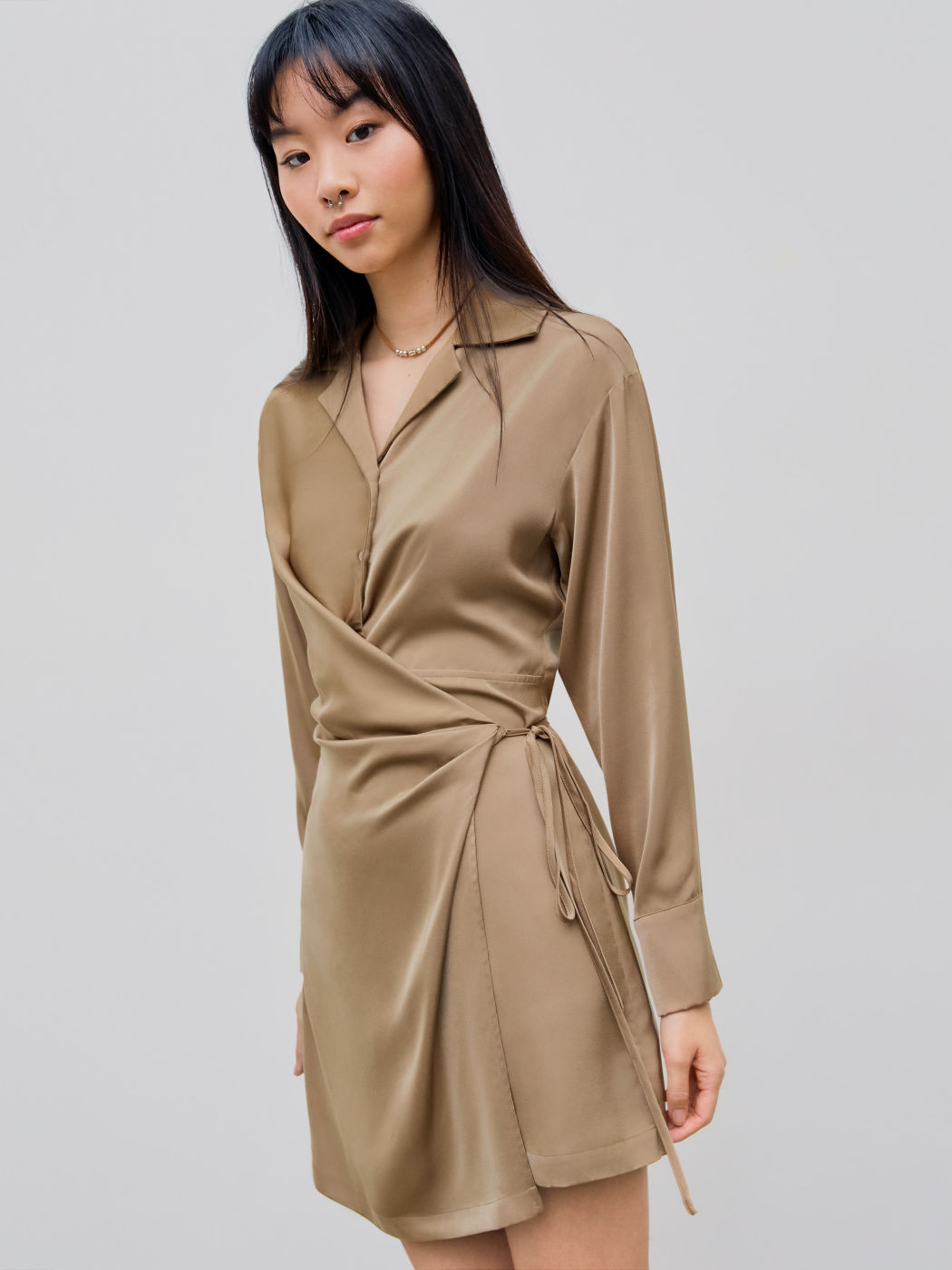  Satin Kragen Solids Wickelhemd Minikleid