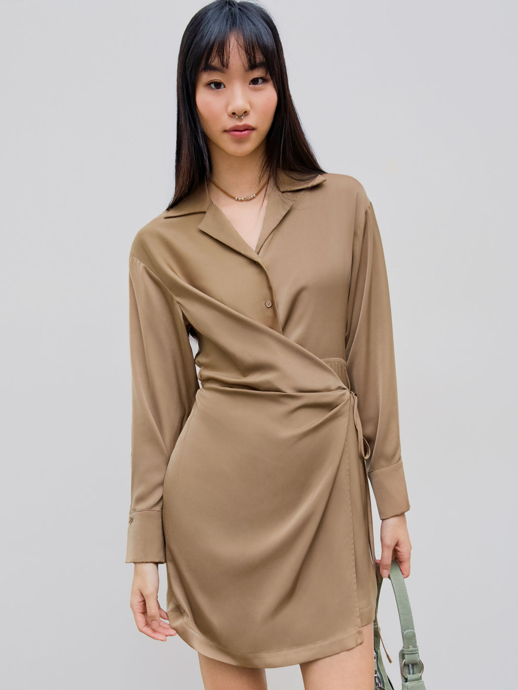  Satin Kragen Solids Wickelhemd Minikleid
