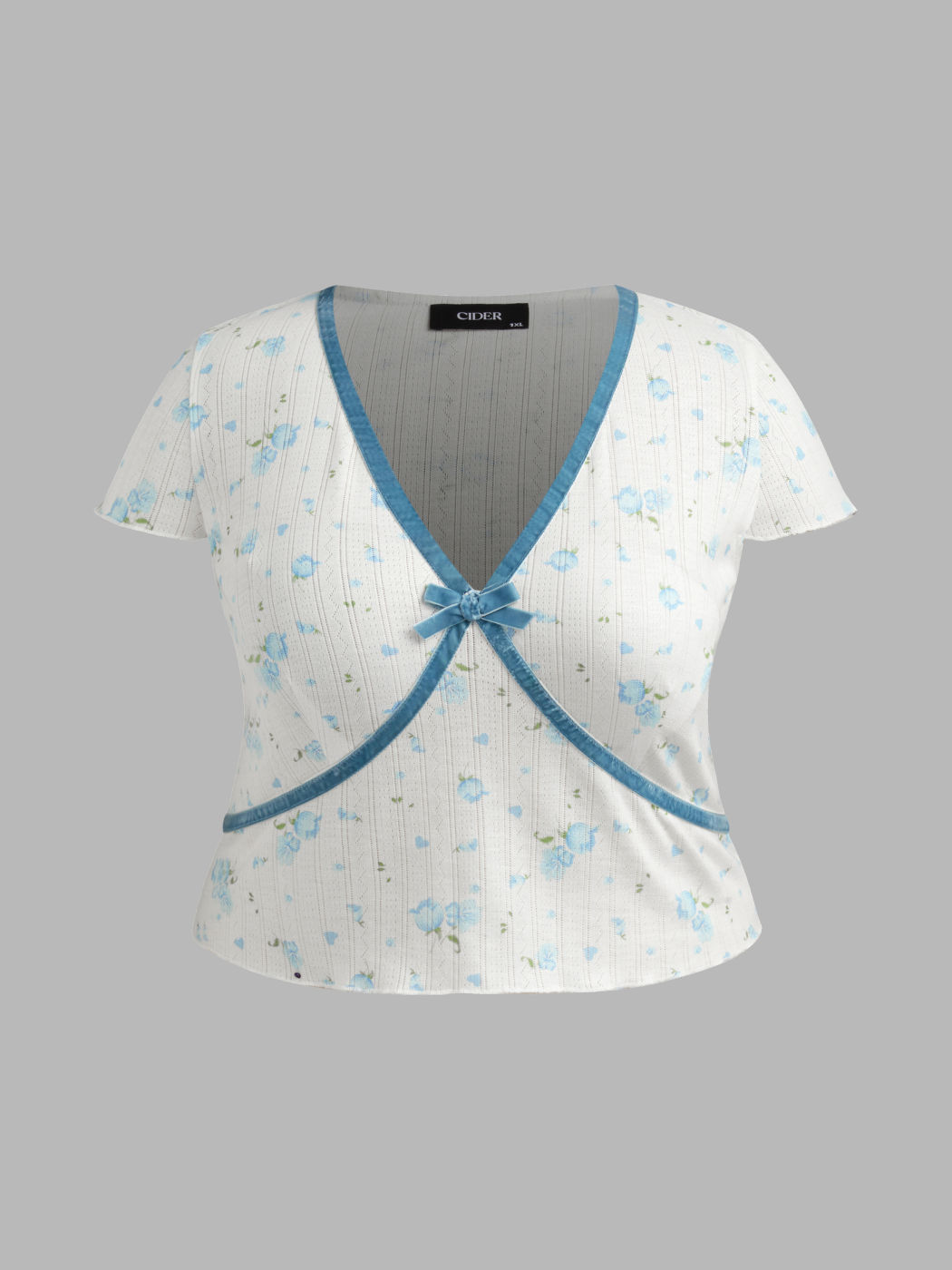 V-neck Bowknot Contrasting Binding Short Sleeve Top Curve & Plus