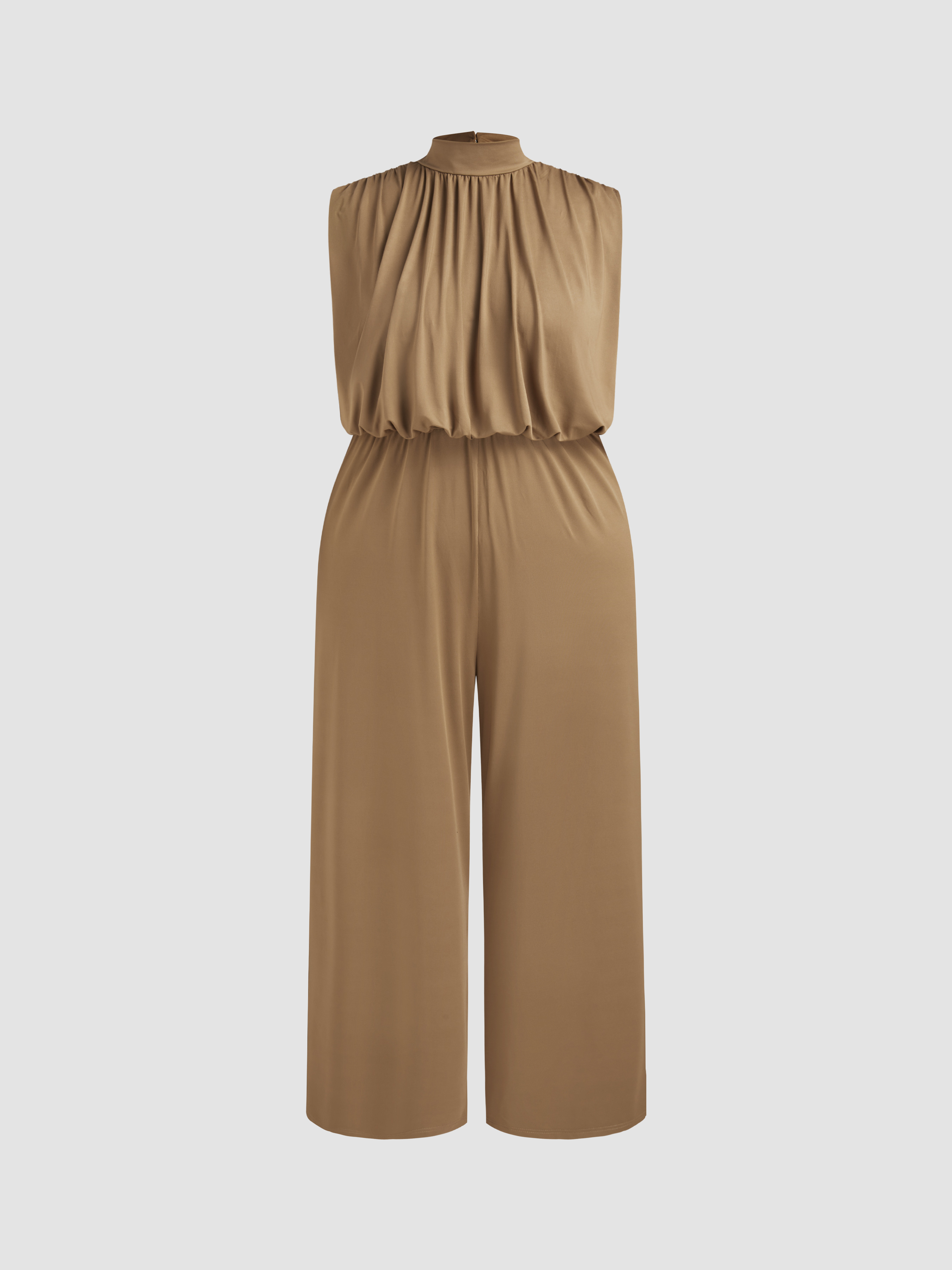 High Neck Solid Zipper Ruched Jumpsuit Curve & Plus Cider