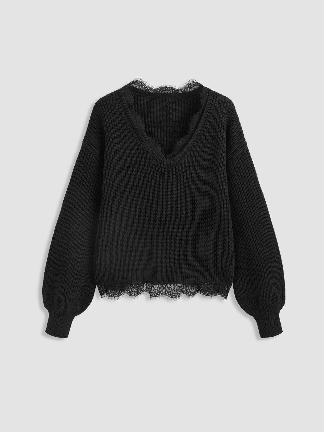  V-Ausschnitt Spitzenbesatz Pullover