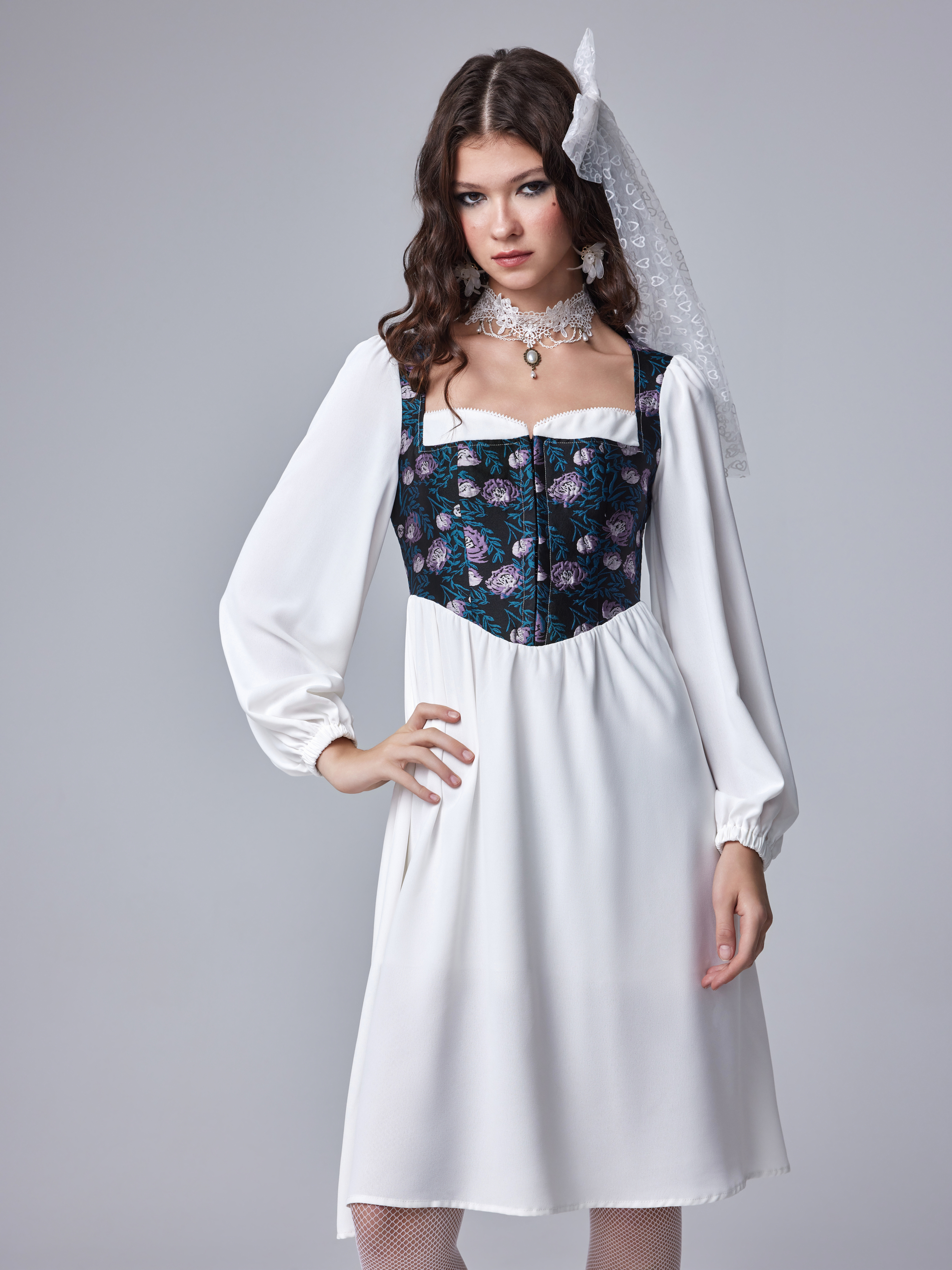 White Dress White Graduation Dresses Woven Sweetheart Floral Corset Long  Sleeve Midi Dress For Daily Casual Vacation Music Festival/Live House