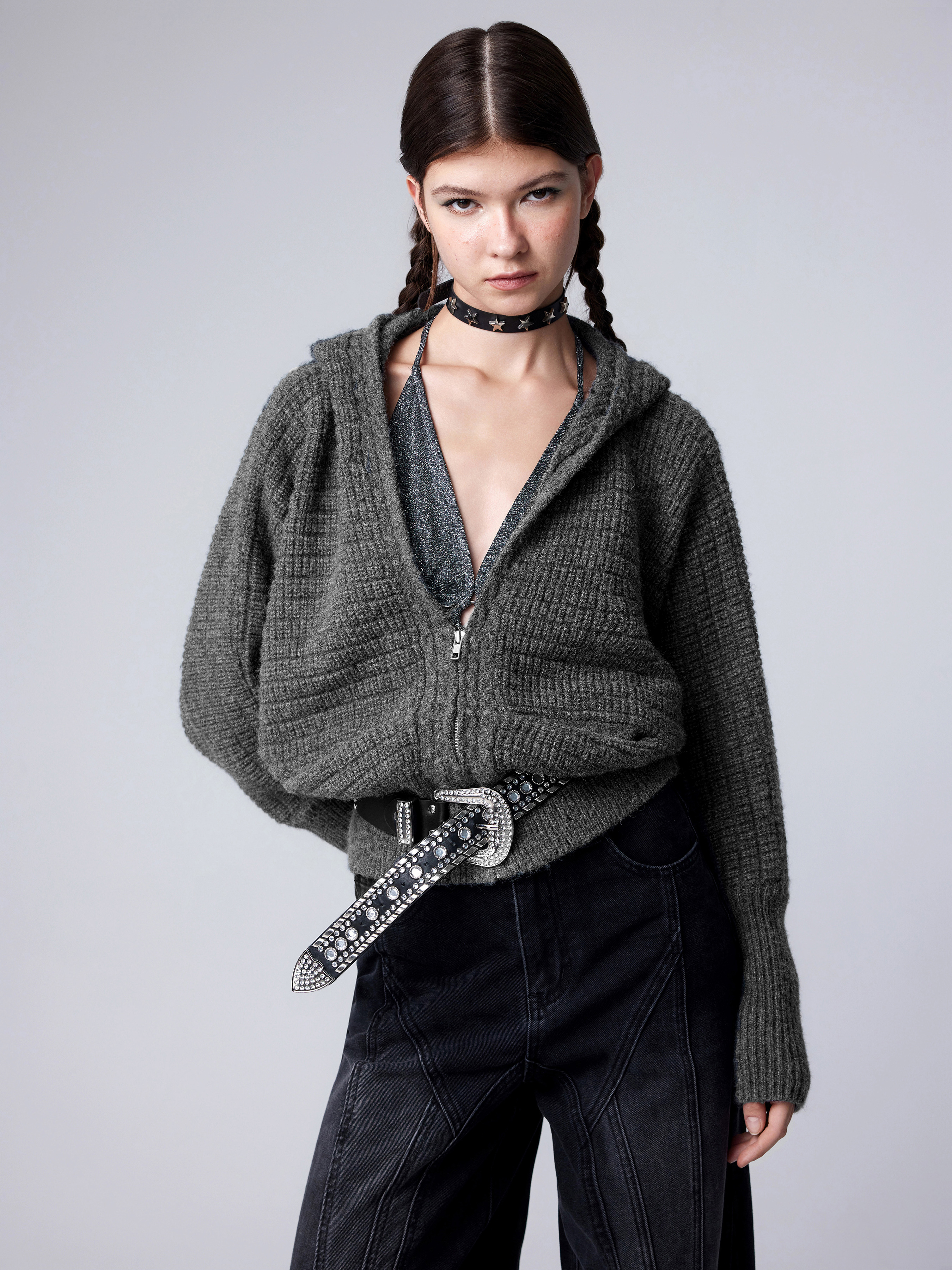 Knit Fabric Knit Hooded Solid Zipper Cardigan For Daily
