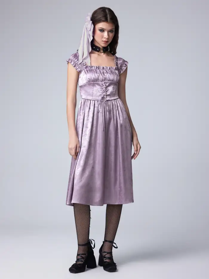 Satin Shop Satin Satin Square Neck Floral Corset Lace Up Shirred Midi Dress For Date Party/Clubbing Satin Shop Satin Satin Square Neck Floral Corset Lace Up Shirred Midi Dress For Date Party/Clubbing