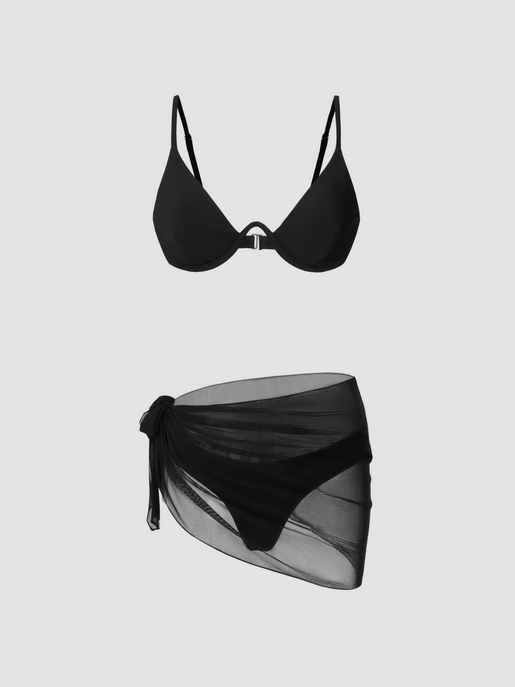3Pcs Underwire Solid Bikini Set With Mesh Sarong