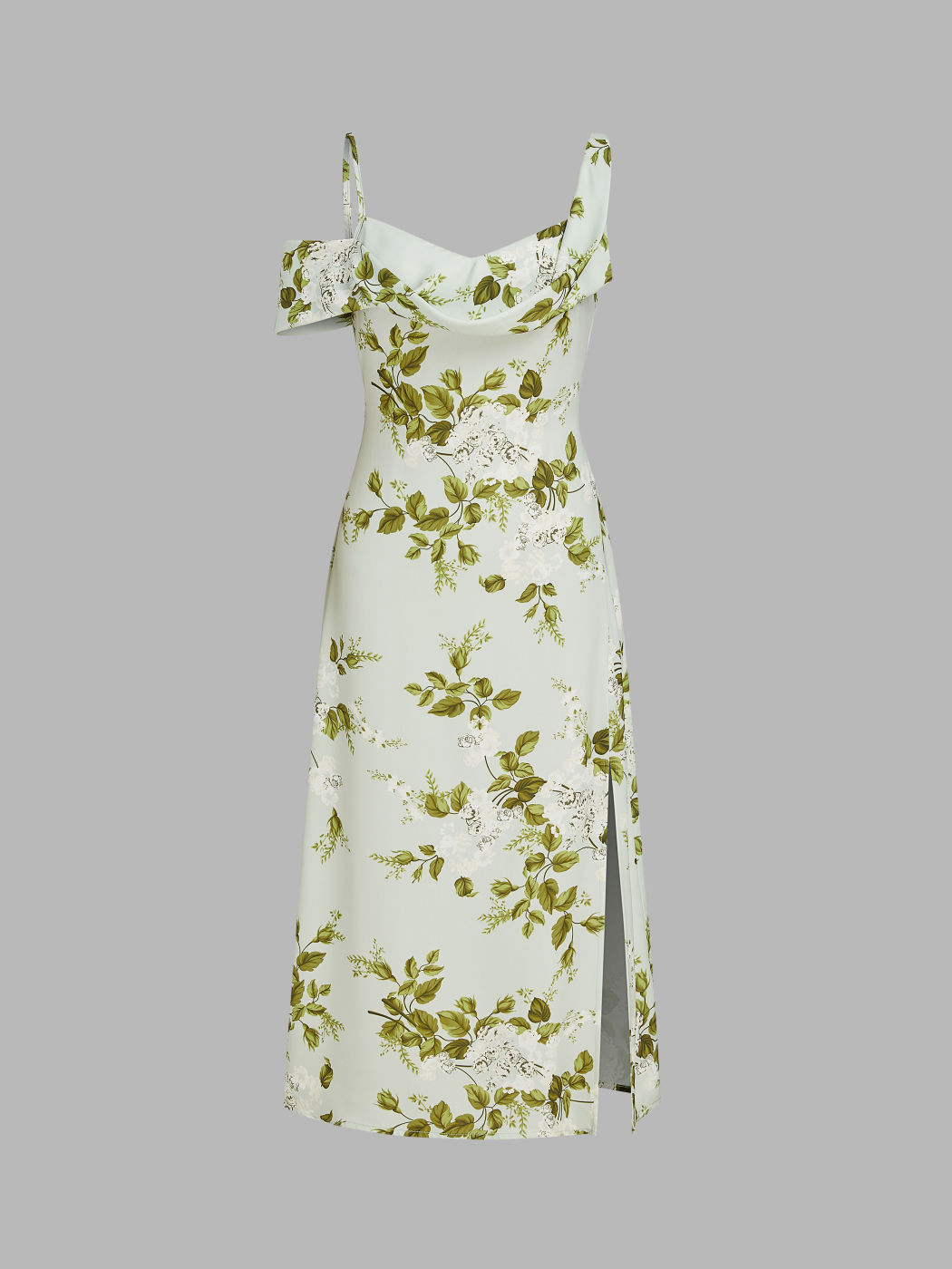 Chiffon Asymmetrical Neck Floral Split Midi Dress