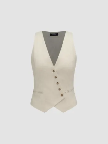 Gilet giacca con bottoni solidi in misto lino con scollo a V