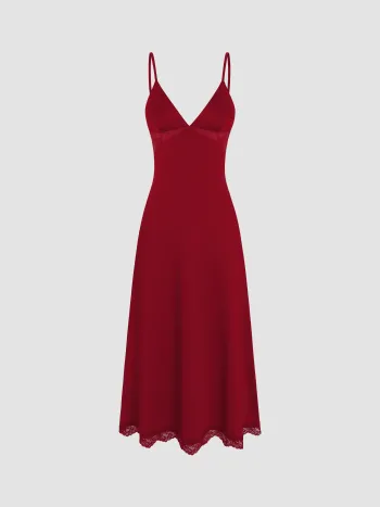Spitzen-Saum Satin V-Ausschnitt Midikleid