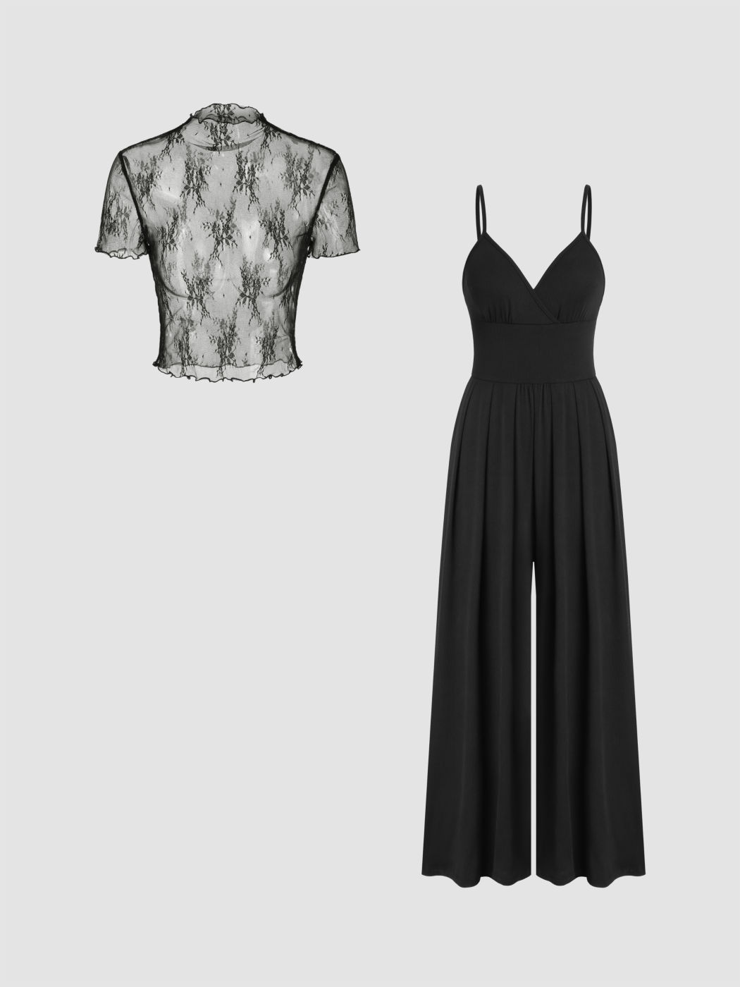 Spitzen-durchsichtiger Oberteil & V-Ausschnitt-Wide-Leg-Jumpsuit