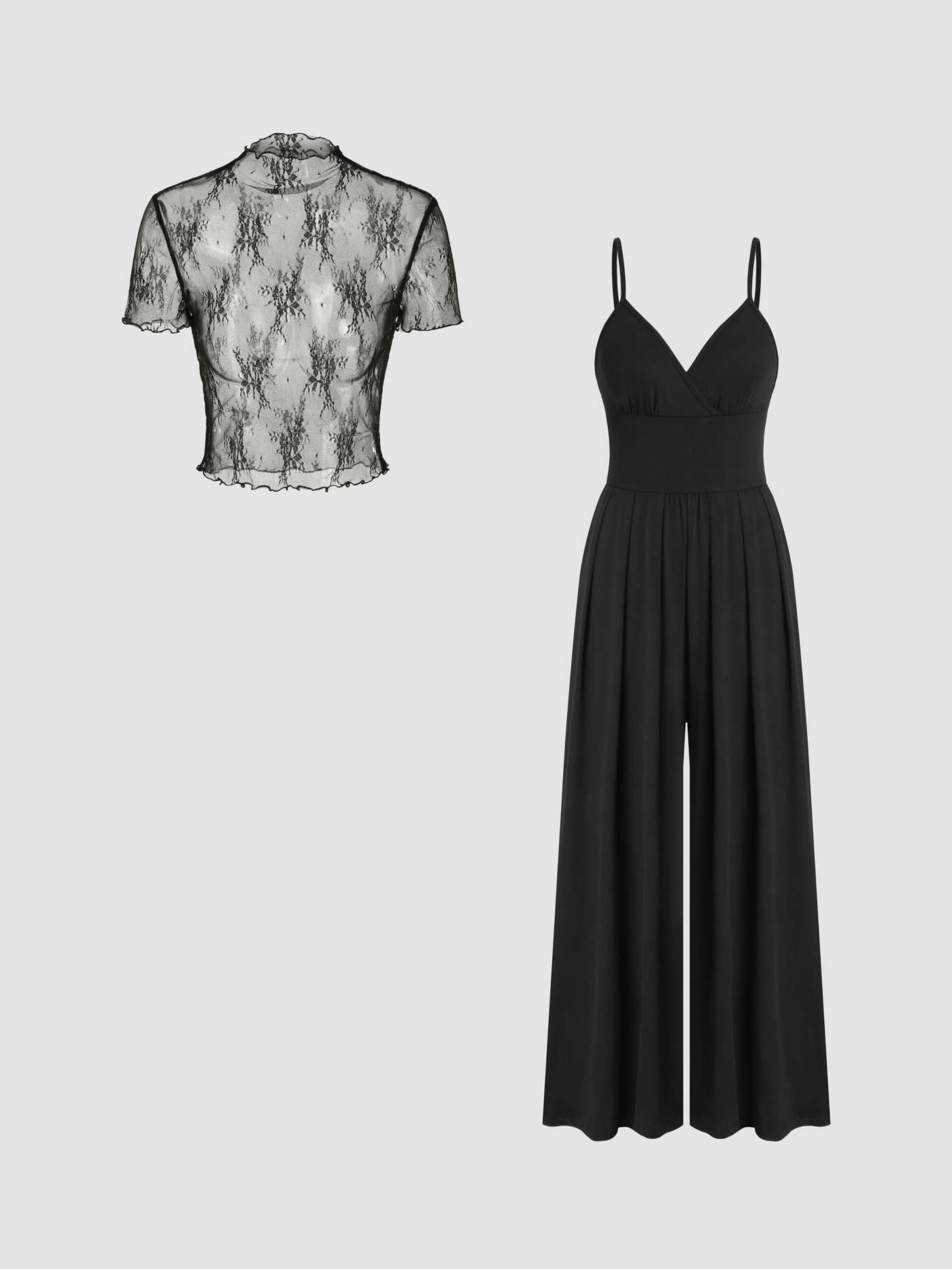 Lace See-through Top & V Neck Wide Leg Jumpsuit