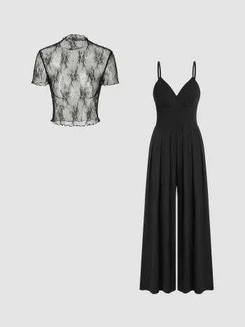Lace See-through Top & V Neck Wide Leg Jumpsuit