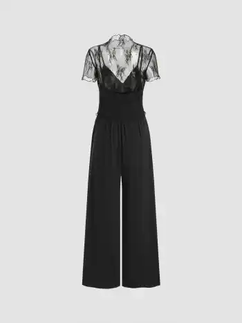 Lace See-through Top & V Neck Wide Leg Jumpsuit