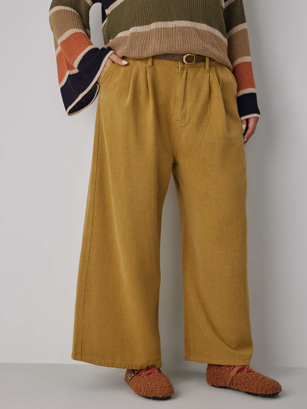 Plus Linen Belted Wide Leg Trouser