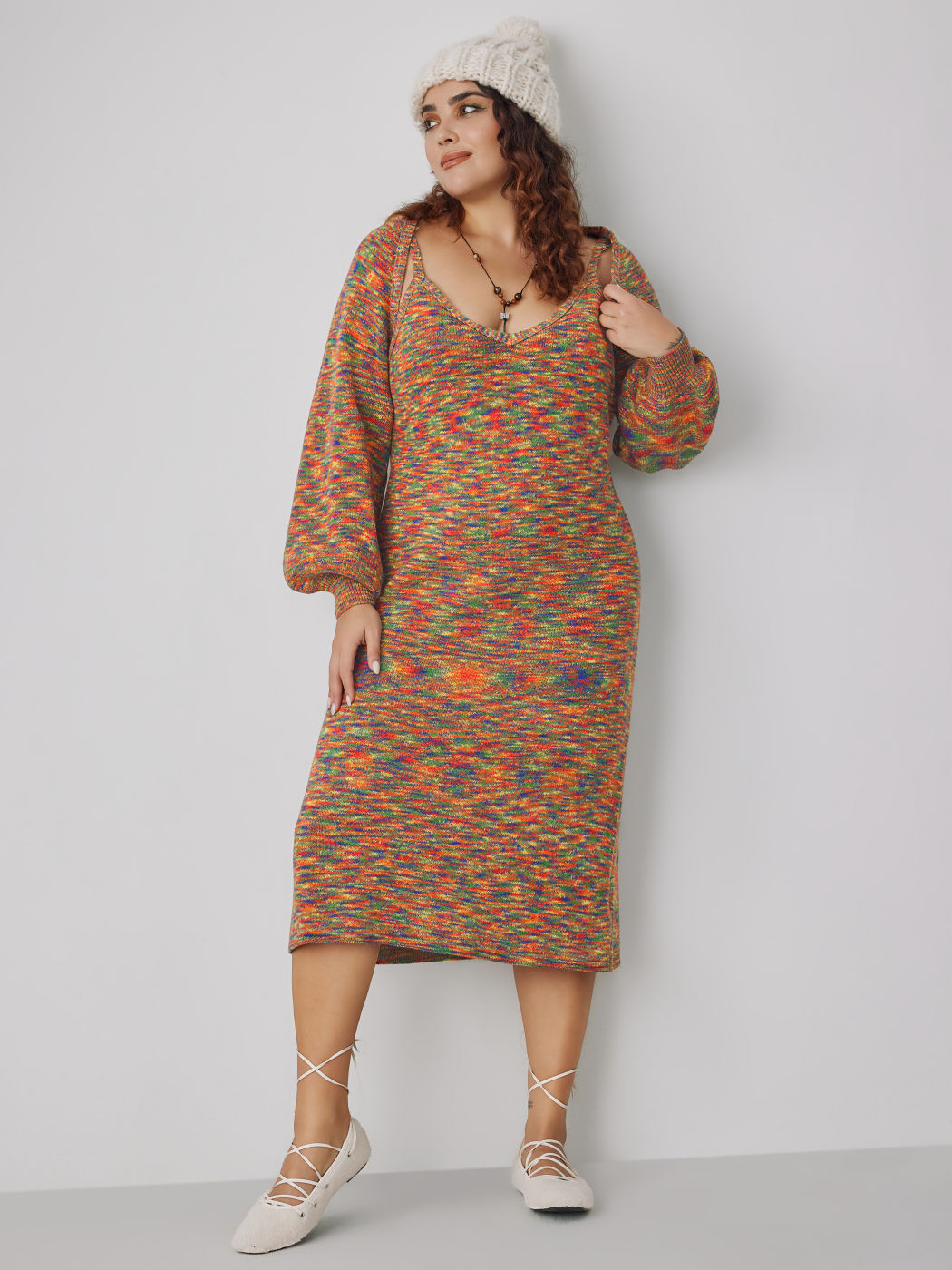 Knit Jacquard Square Neck Colorful Maxi Dress & Shrug Curve & Plus