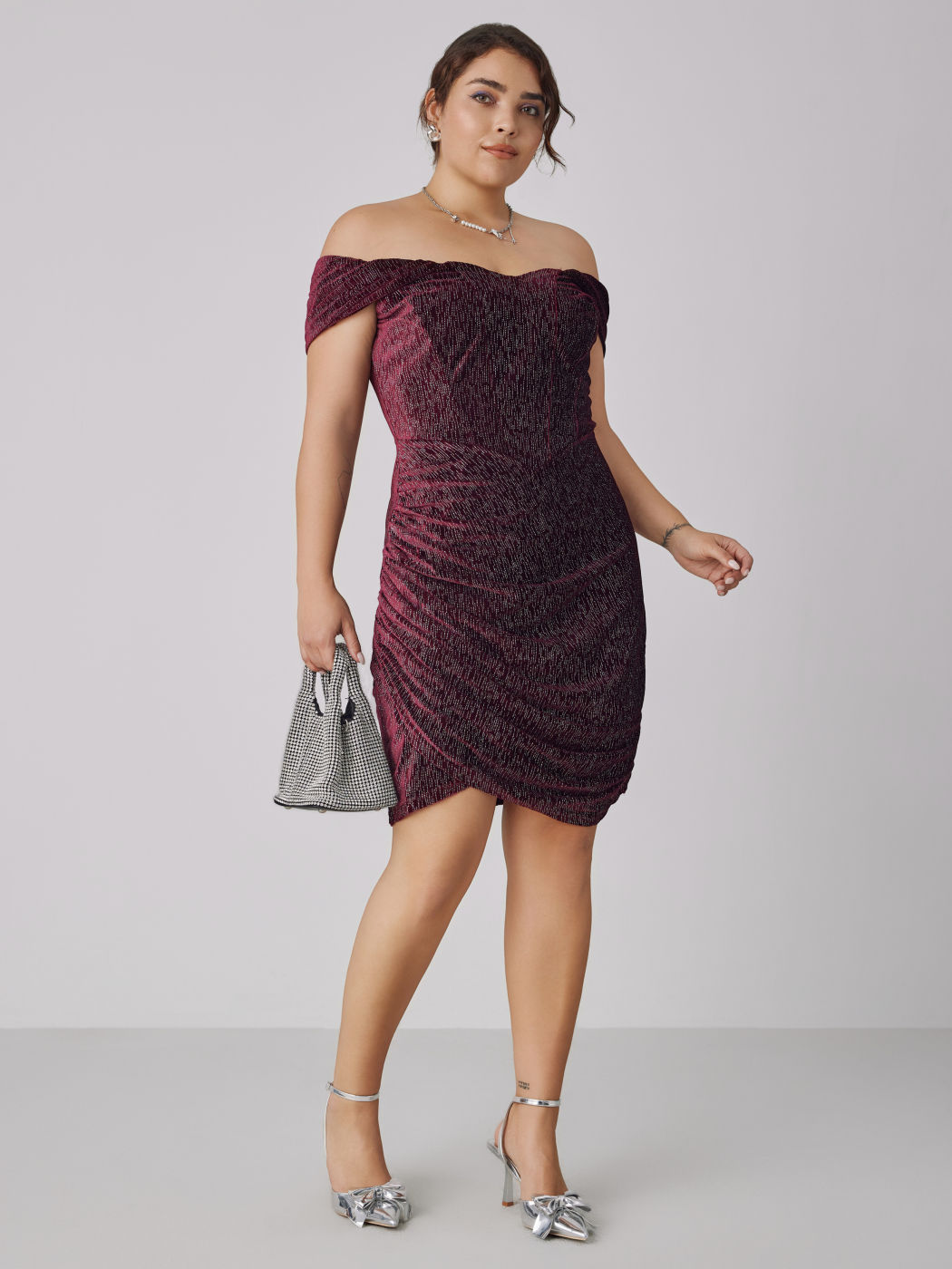  Strass Samt Schulterfrei Korsett Minikleid Kurve & Plus