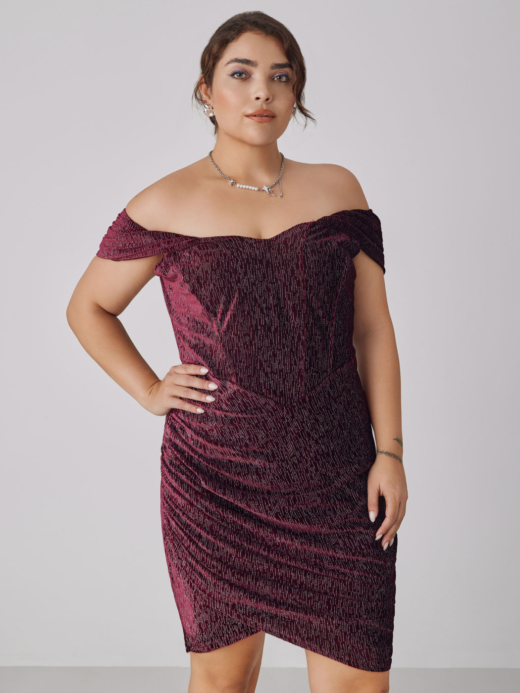  Strass Samt Schulterfrei Korsett Minikleid Kurve & Plus
