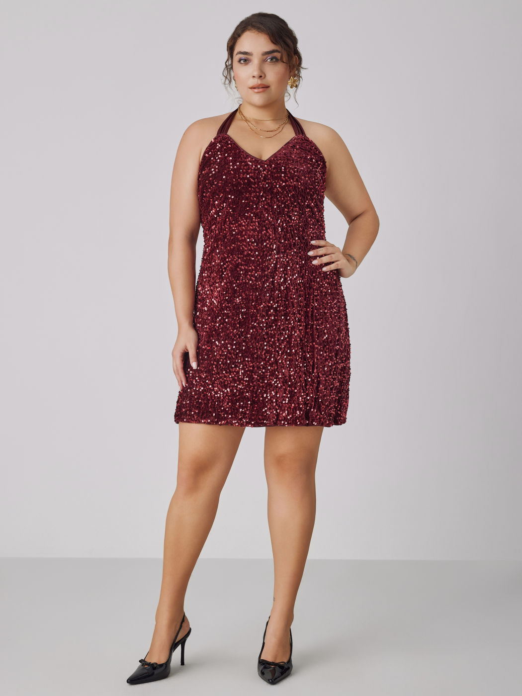 Sequin V-neck Halter Mini Dress Curve & Plus