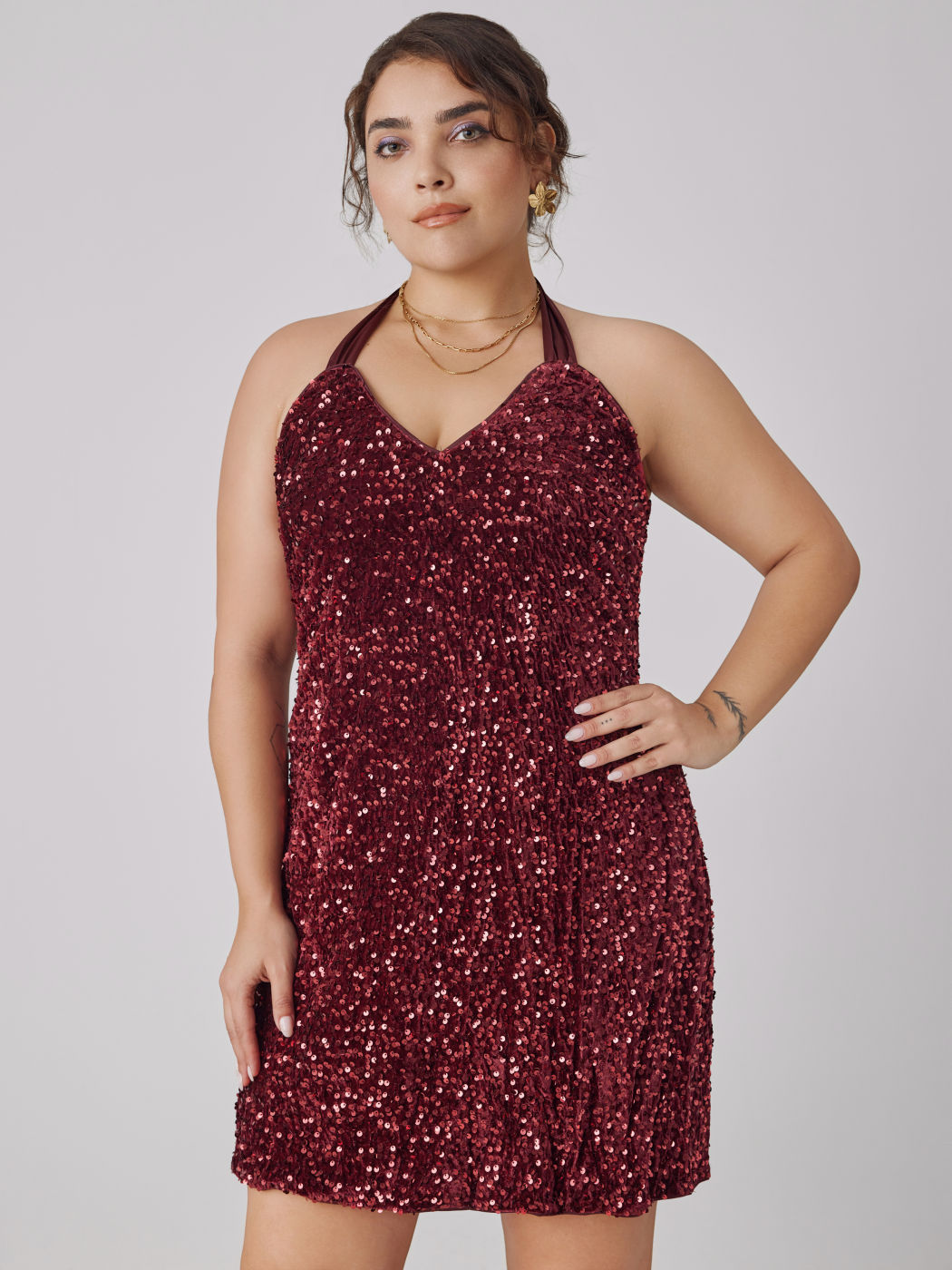 Sequin V-neck Halter Mini Dress Curve & Plus
