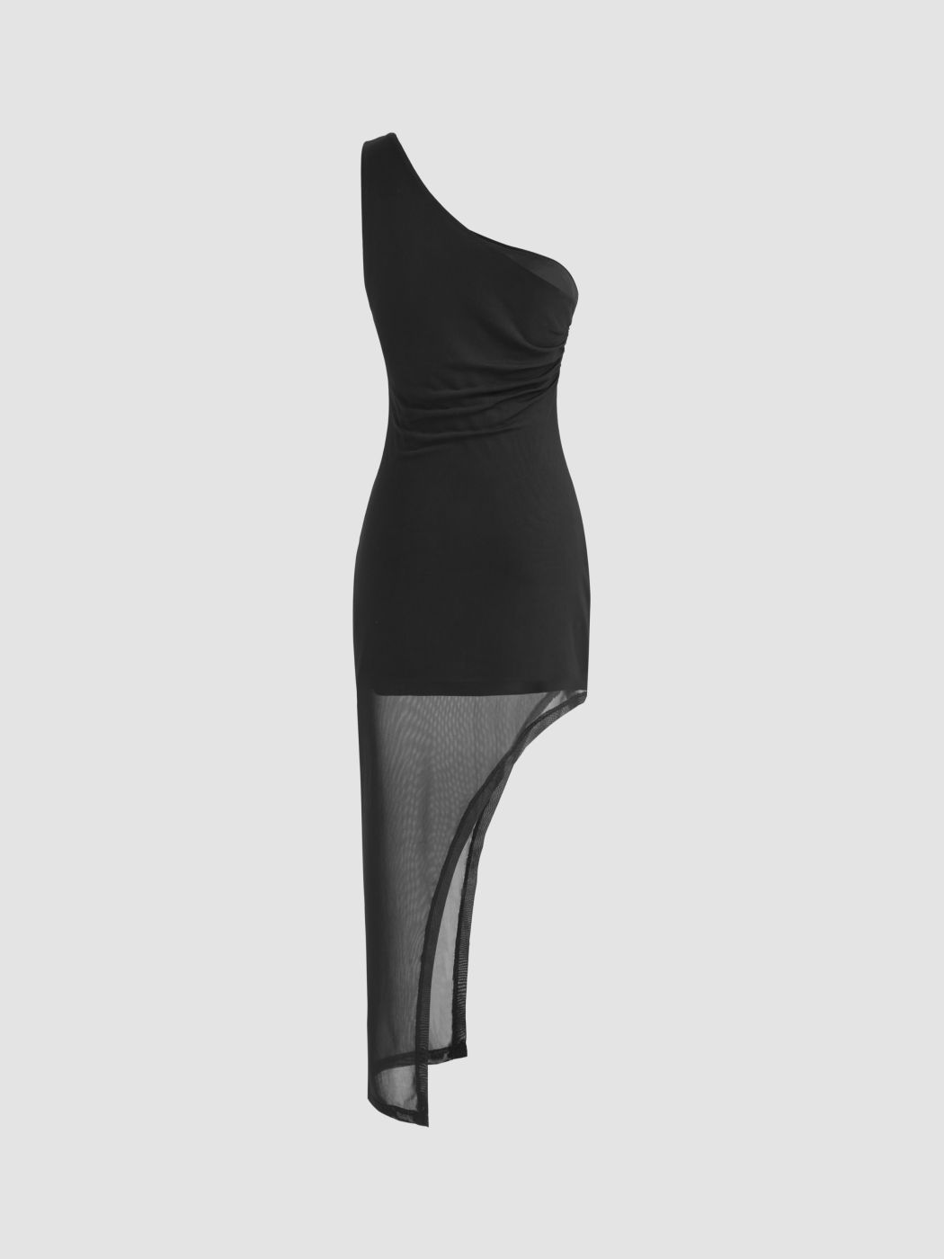 solid mesh asymmetrical neck dress Asymmetrical Mesh-Spliced Satin Maxi Dress  Black S / Black