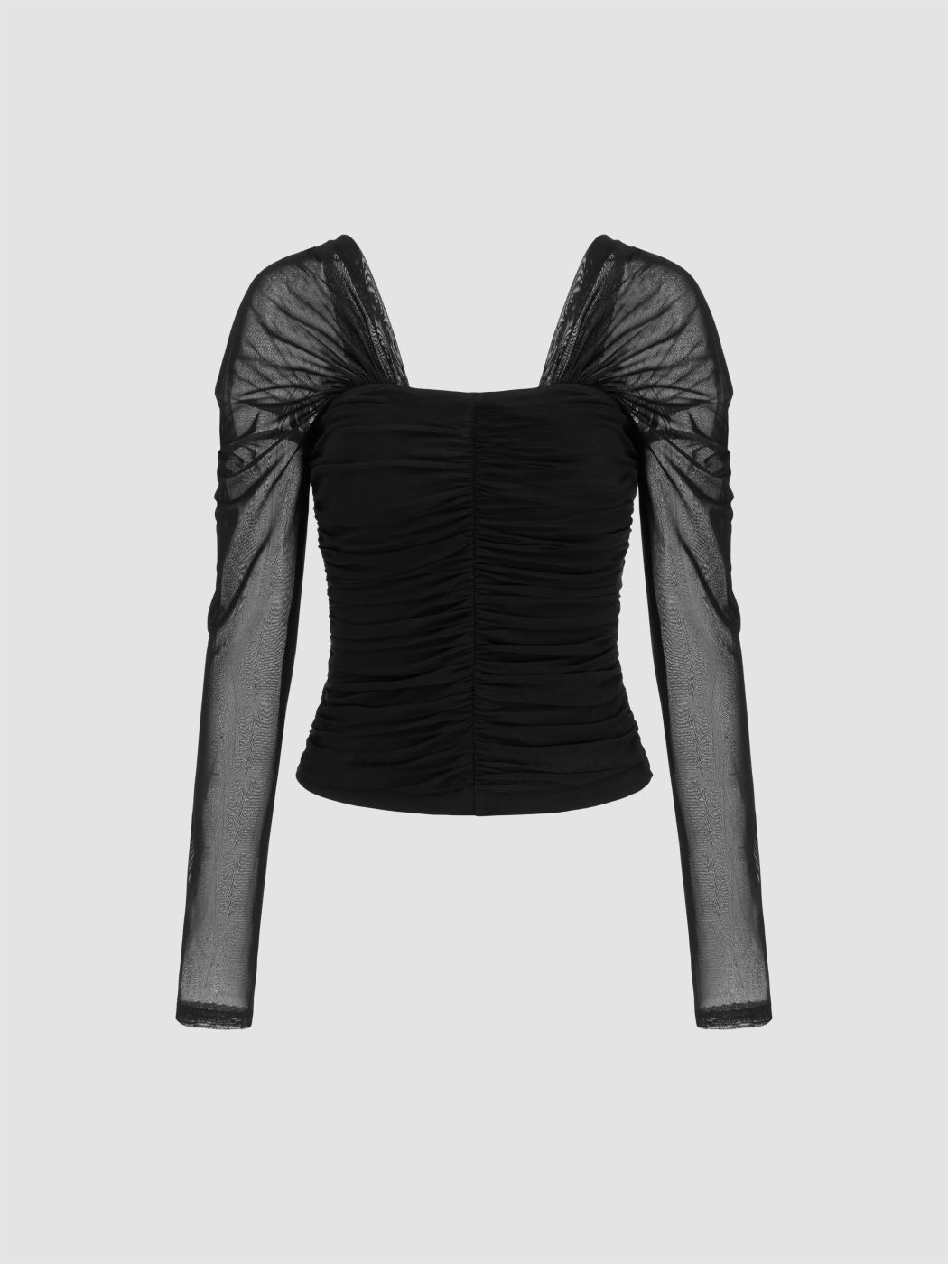 Mesh Square Neck Ruched Long Sleeve Top