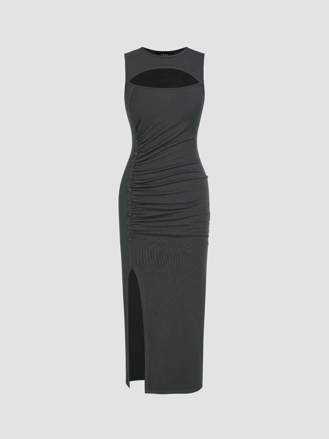 Round Neckline Solid Ruched Split Midi Dress