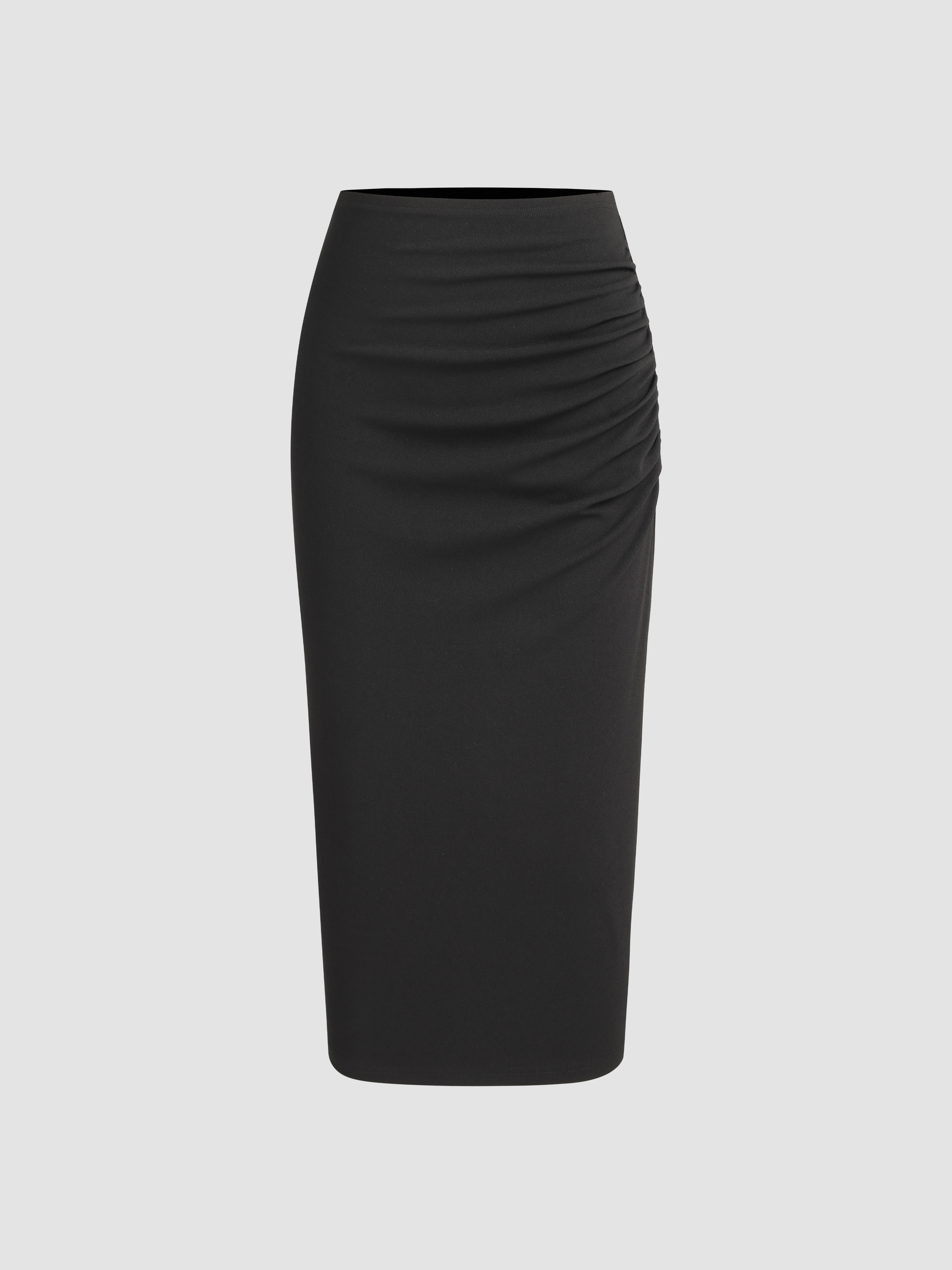Office Siren Woven Woven Mid Rise Solid Ruched Midi Pencil Skirt For Daily Casual Coffee Shop