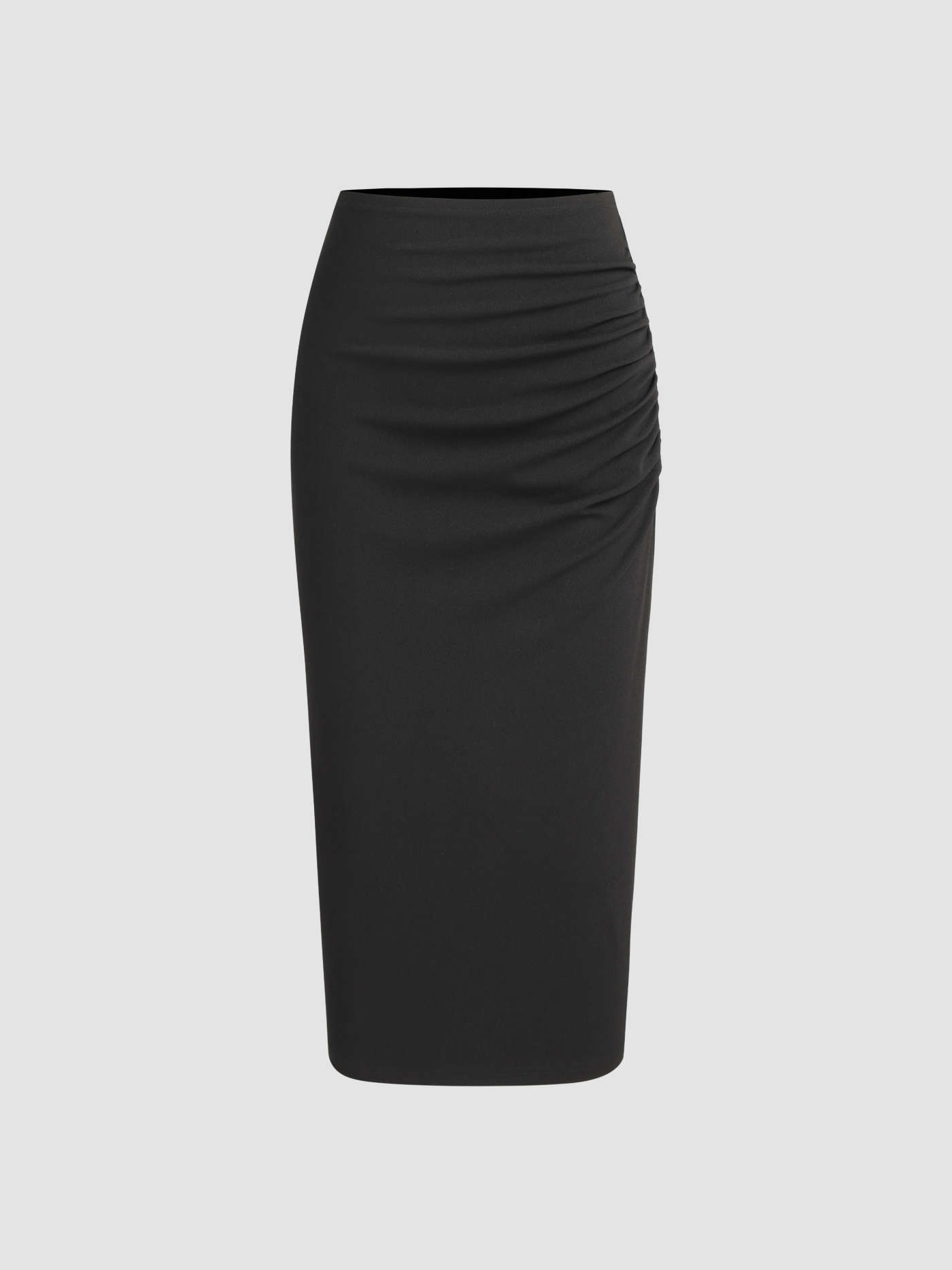 Office Siren Woven Woven Mid Rise Solid Ruched Midi Pencil Skirt For Daily Casual Coffee Shop