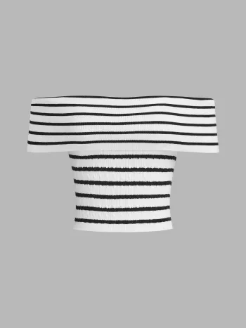 Knitted Off-shoulder Striped Crop Top