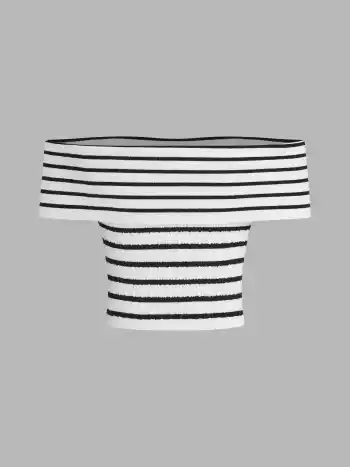 Knitted Off-shoulder Striped Crop Top
