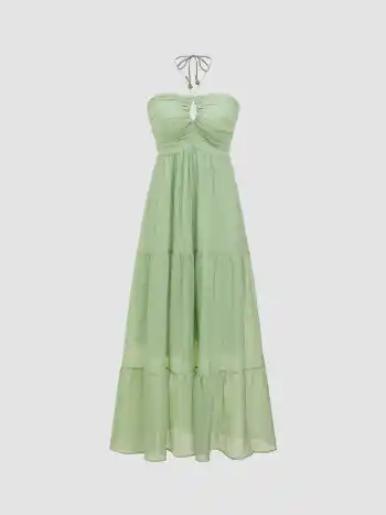 Ausgeschnittenes Maxikleid mit Rüschenabschluss und mehrlagigem Tüll
