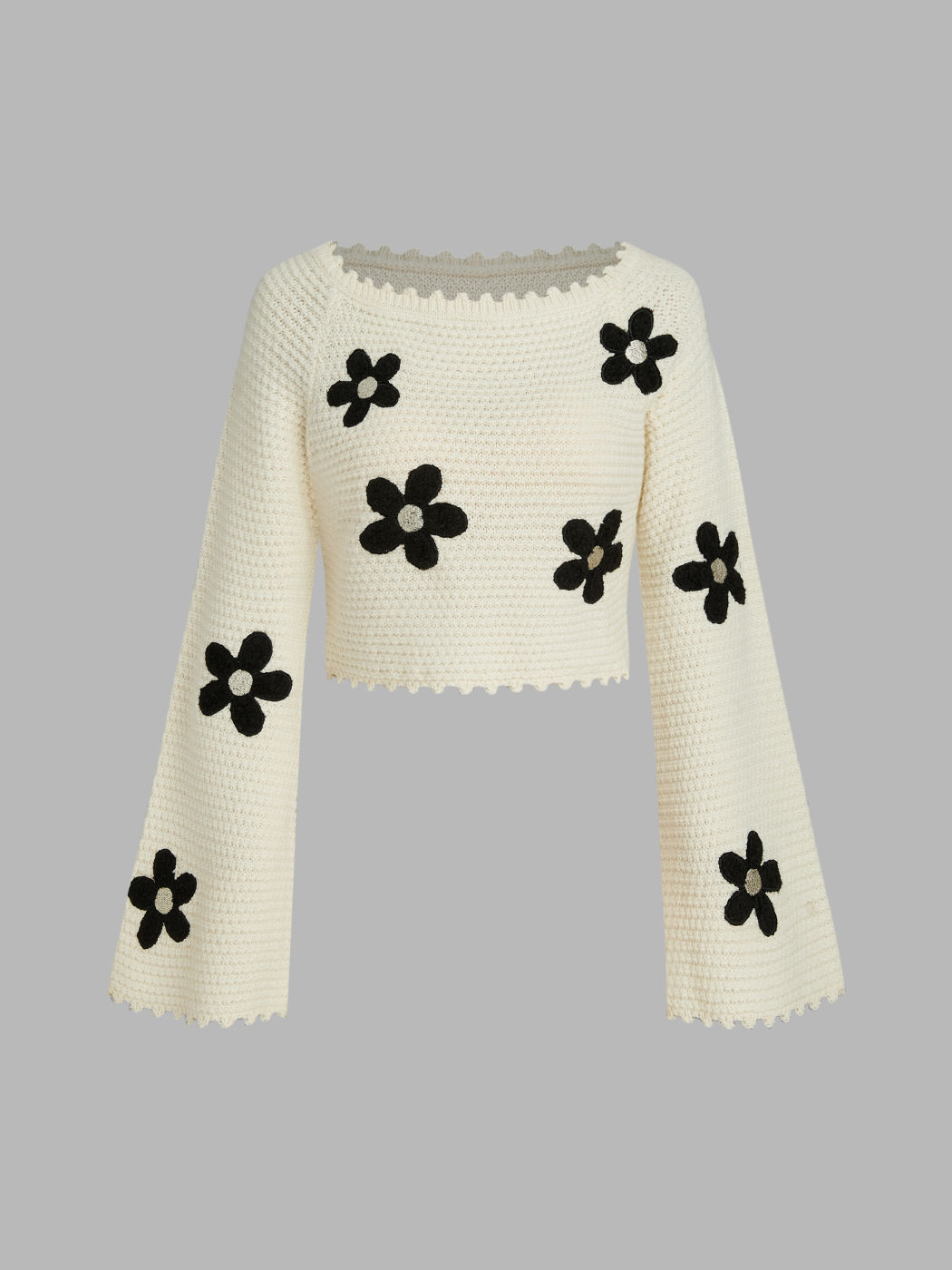 Full Size Boat Neck Lantern Sleeve Openwork Knit Top