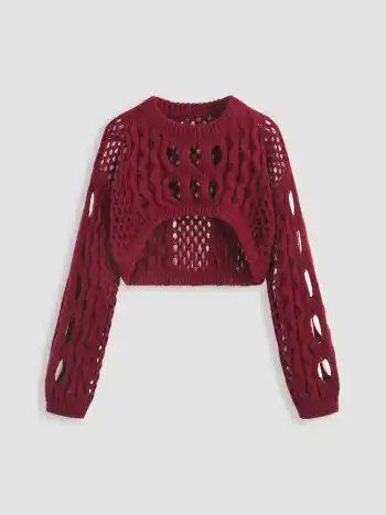 Strick Rundhalsausschnitt Hollow Out Langarm Crop Top
