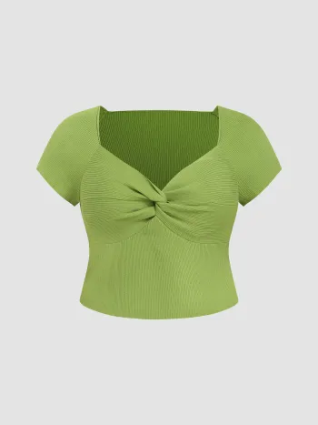 Knitted Sweetheart Twist Short Sleeve Crop Top Curve & Plus