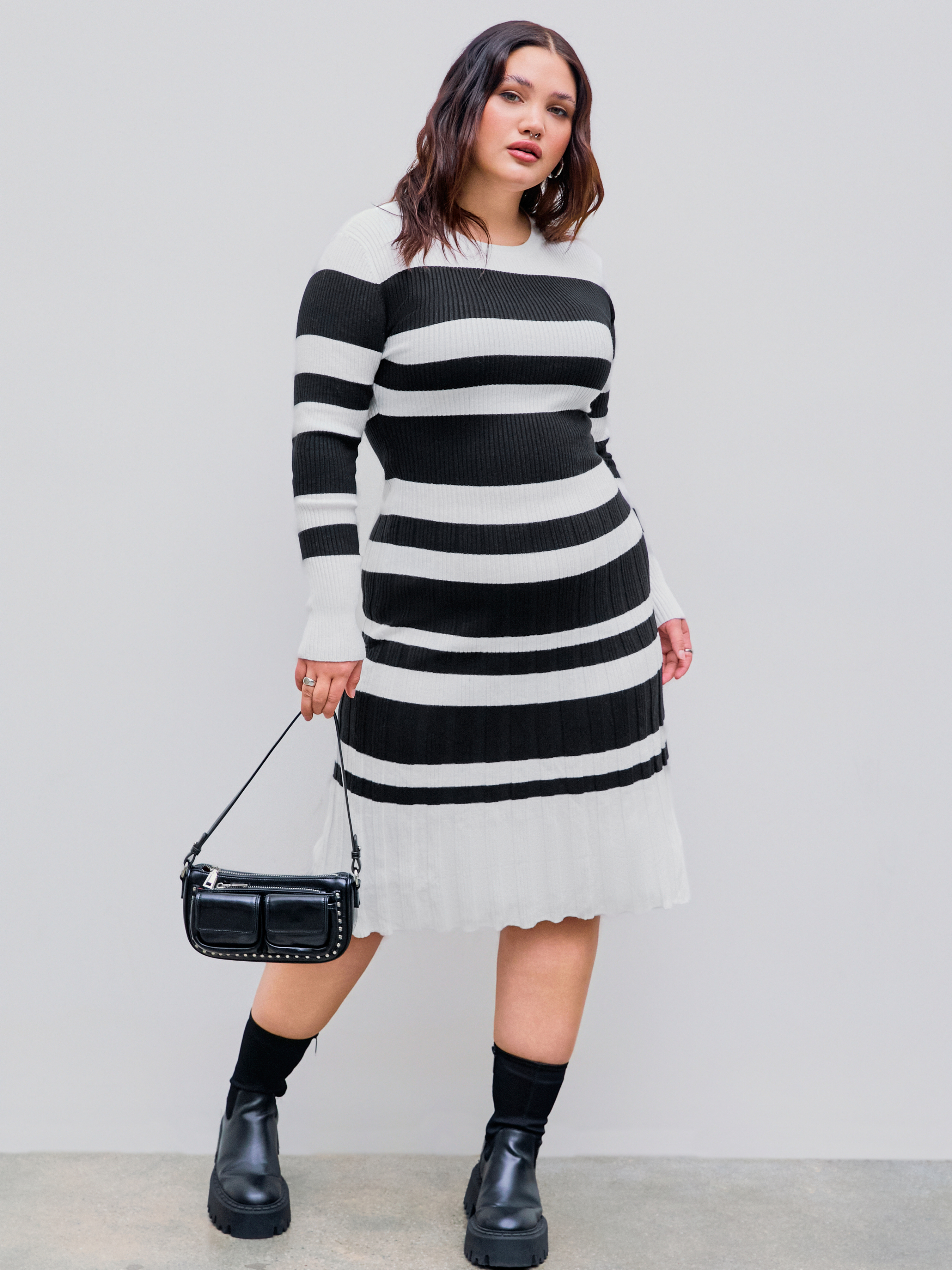 Knit Fabric Knit Round Neck Stripe Midi Dress Curve \u0026 Plus For Coffee Shop  Daily Casual
