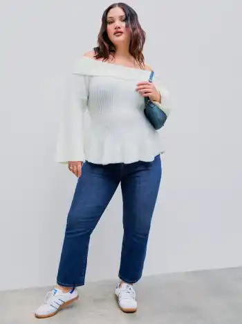 Knit Off-shoulder Ruffle Hem  Long Sleeve Top Curve & Plus