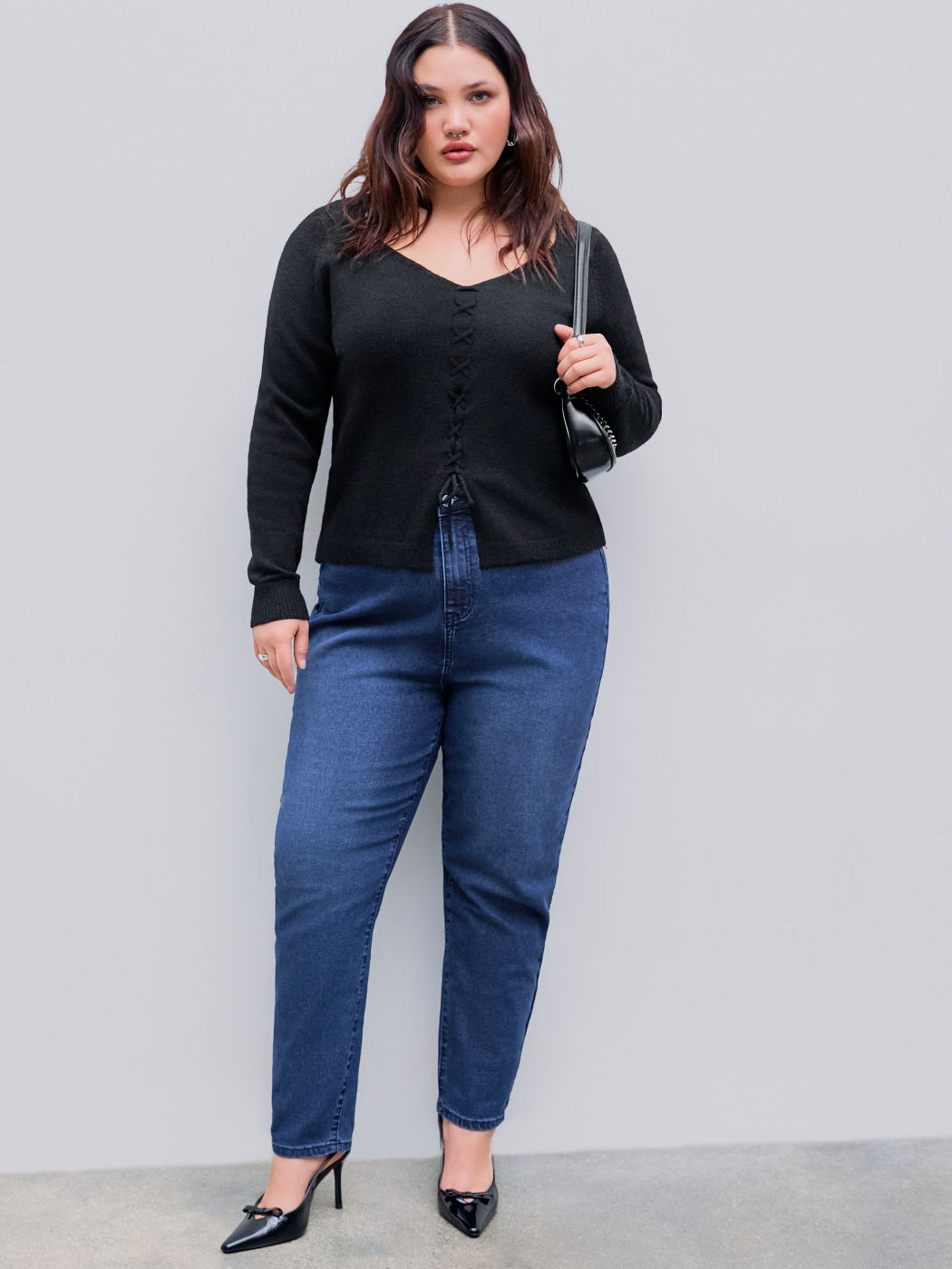 Top in maglia con scollo a V e pizzo solido Curve & Plus