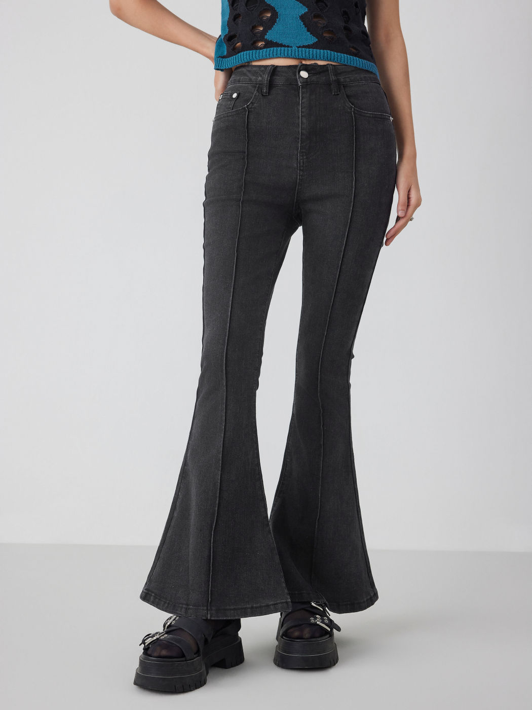 High Stretch Denim High Waist Solid Flared Jeans