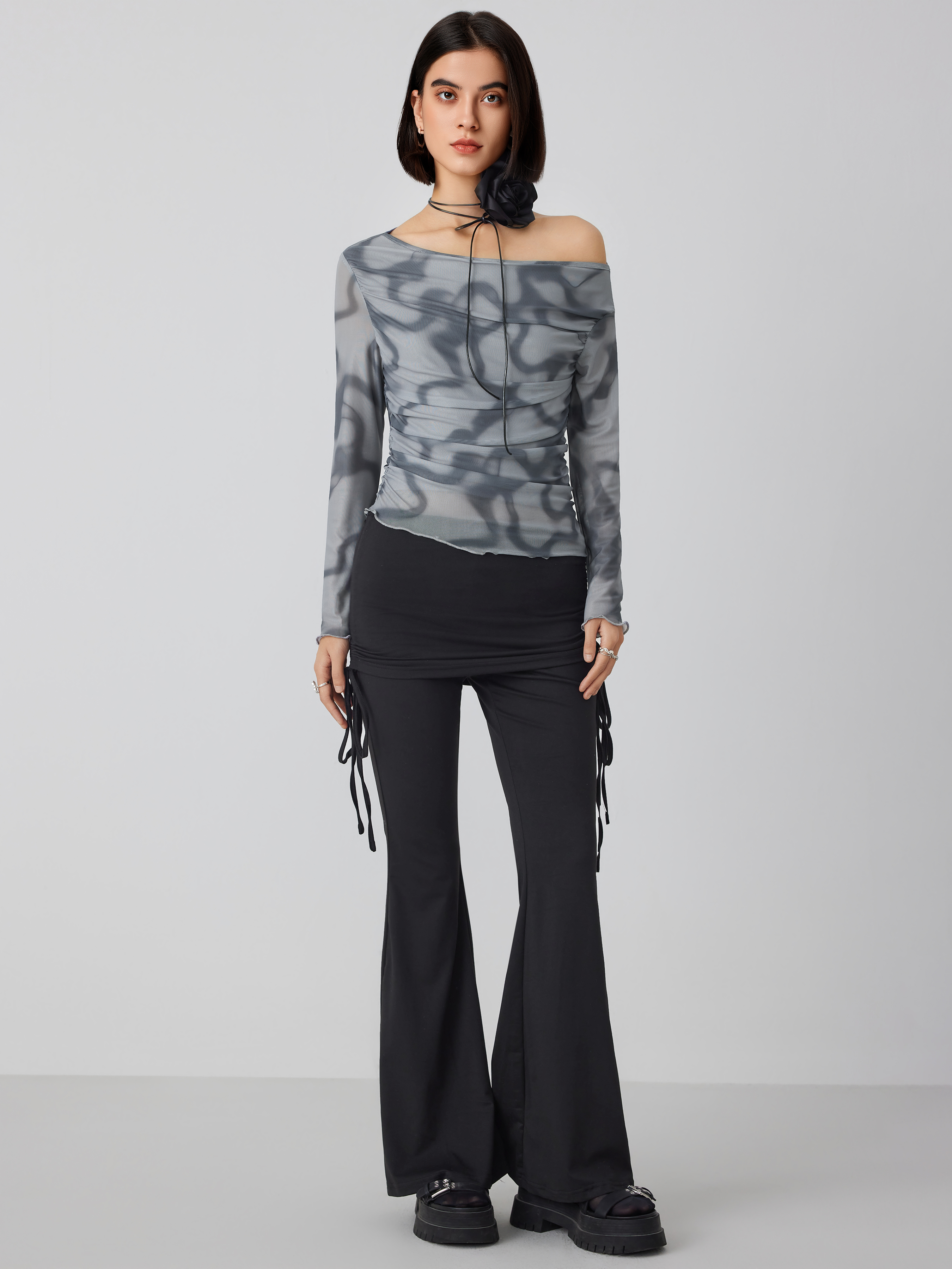 Jersey High Waist Knotted Ruched Flared Pants