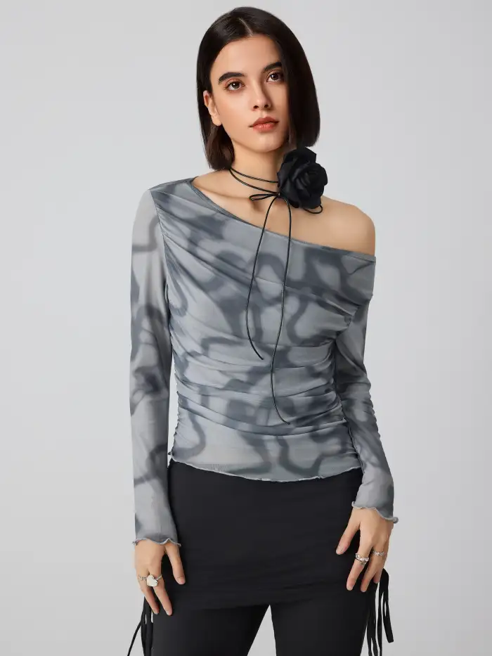 Mesh One Shoulder Ruffle Trim Long Sleeve Top For Music Festival