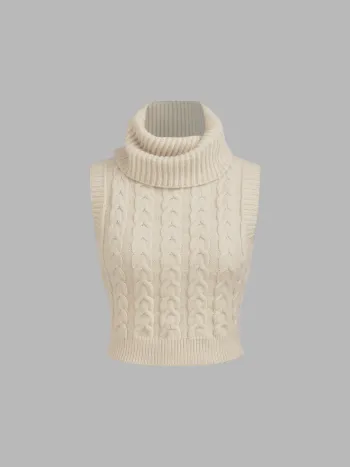 High Neck Solid Cable Knit Crop Vest