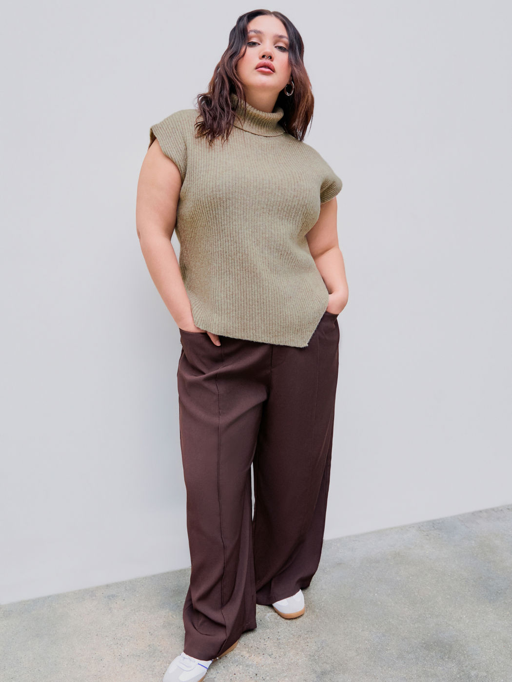 Wool-blend Knit High Neck Solid Asymmetrical Vest Curve & Plus