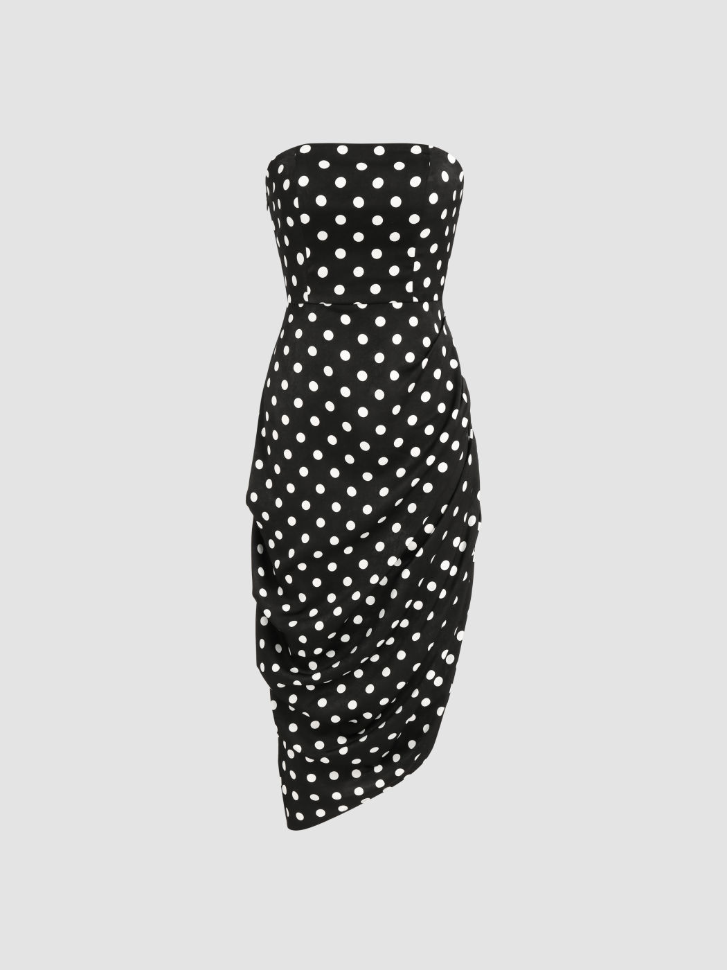  Vestido Midi Tubo Fruncido con Dobladillo Asimétrico de Lunares