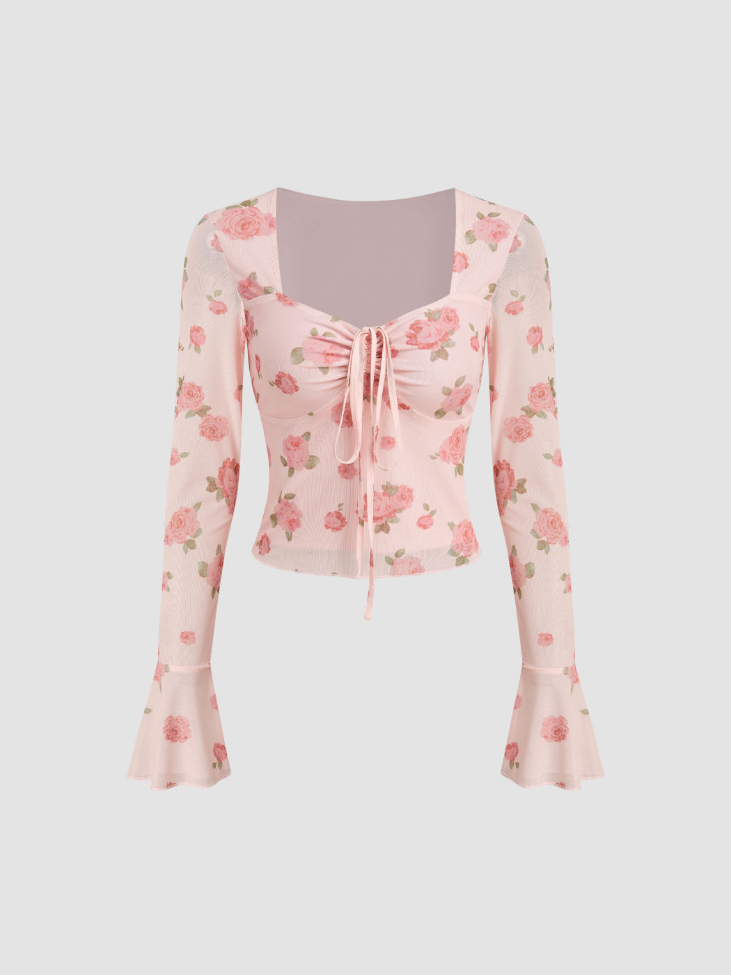 Mesh Rose Drawstring Long Sleeve Top