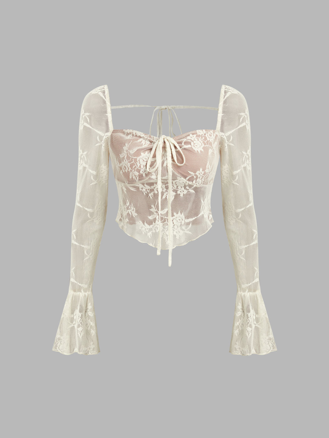 Lace Sweetheart Knotted Crop Long Sleeve Blouse 