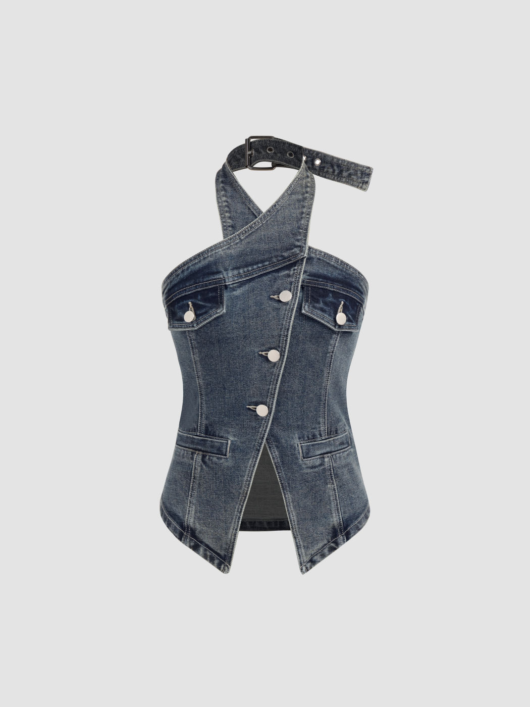 Denim Halter Criss Cross Belted Button Crop Top 