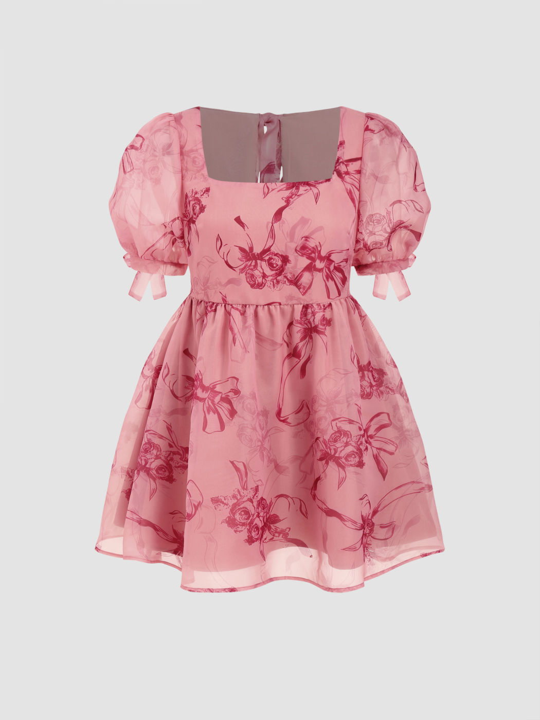 Woven Floral Bowknot Babydoll Mini Dress