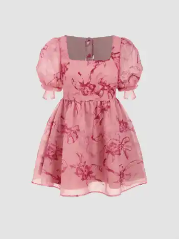 Gewebtes Blumen-Bowknot Babydoll Minikleid