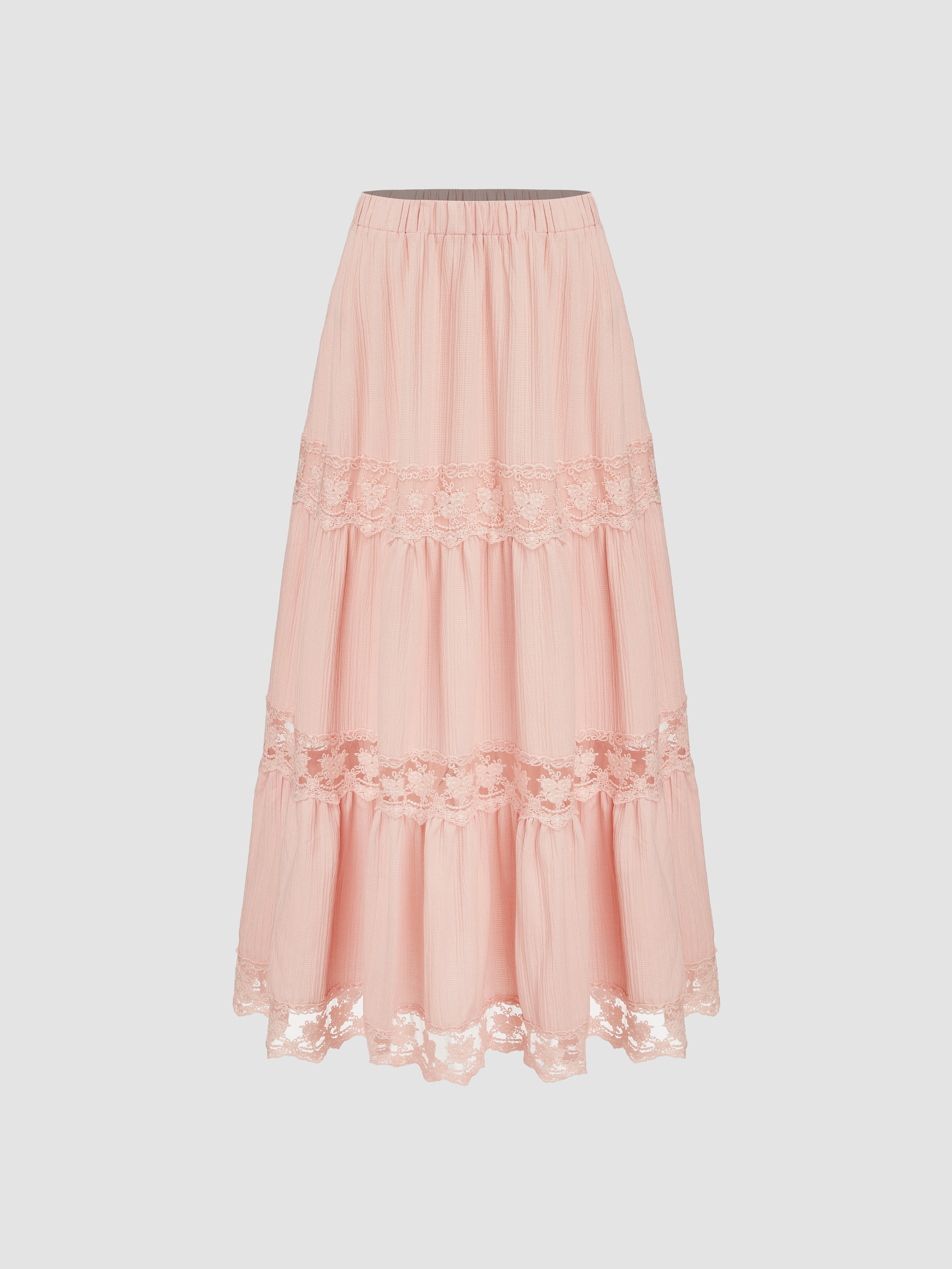 Woven Mid Rise Lace Ruffle Tiered Maxi Skirt - Cider